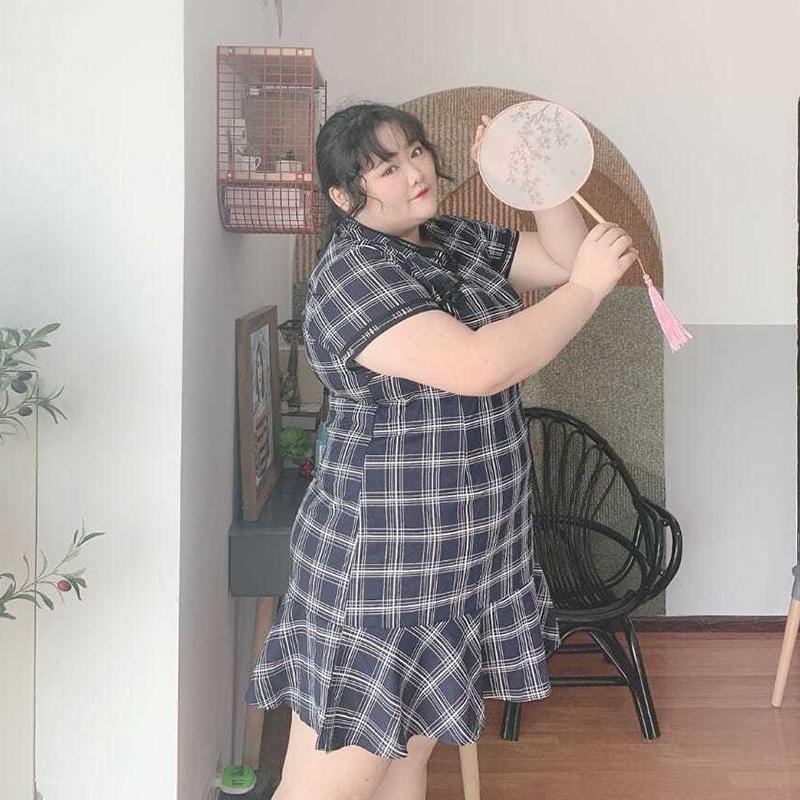 Fat Girl 300 Kg Extra Large Plaid Dress Summer New Product Improved Version Loose and Thin Ruffled Cheongsam Women