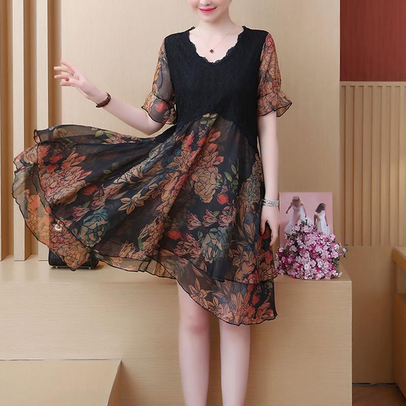 Large Size L-XXXXXL Women's Summer Dress Chiffon Veil Printing Above Knee V-neck Ruffle