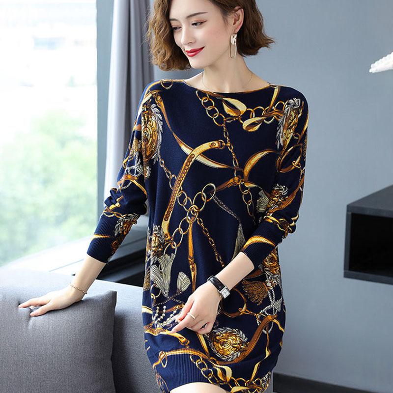 High-end Cashmere Sweater Women Autumn Plus Size Printed Wool Sweater Dress Women Mid-length Knit Dress Outwear