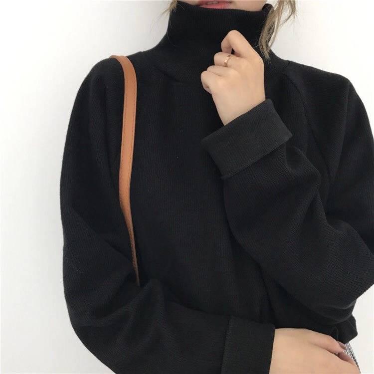 Pofulove Turtleneck Sweater Female Students Autumn Winter Loose Pullover Warm Shirt Solid Color Base