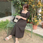 Women's Summer Long Dress Square Neck Slim Puff Sleeve Solid Color Skirt