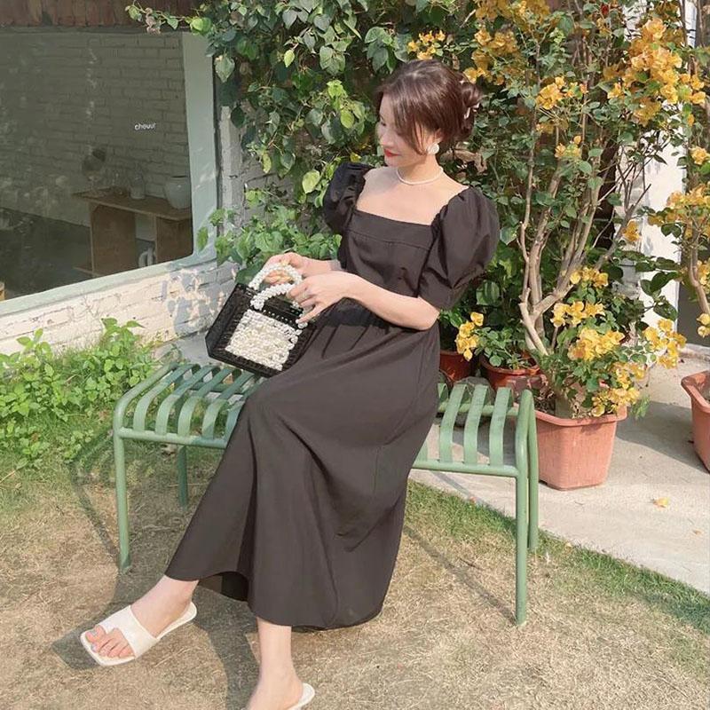 Women's Summer Long Dress Square Neck Slim Puff Sleeve Solid Color Skirt