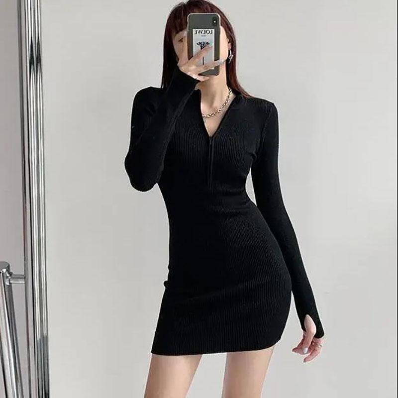 Sexy Girl Style Zipper Half-high Neck Bag Hip Short Skirt Female Autumn and Winter Long-sleeved Knitted Little Black Dress Tight Dress