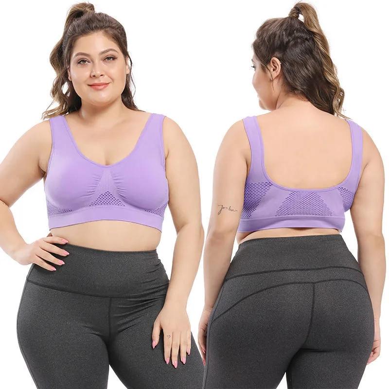 Women's Plus Size Seamless Bra with Pads Solid Color Breathable Bra Hollow Out Sports Yoga No Wire Gathering Vest Bra