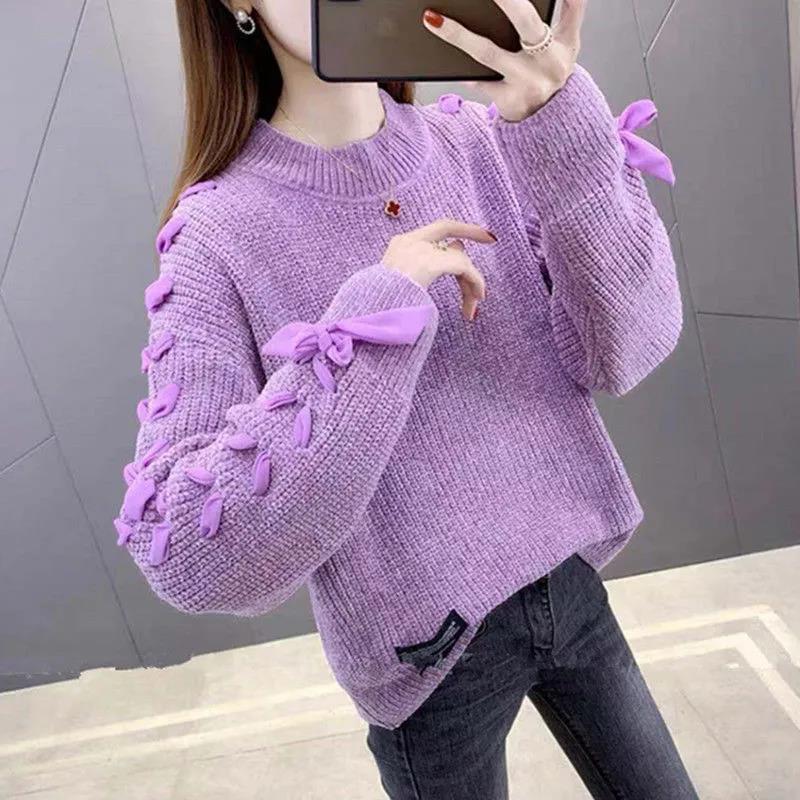 Fleece Chenille Crew Neck Sweater Tie Bow Long Sleeve Knit Sweater Solid Color Loose Oversized Sweater