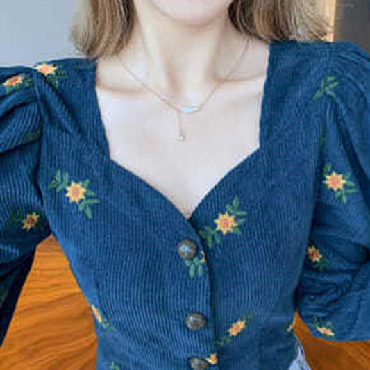 Women's Spring and Autumn Long Sleeve Shirt V-Neck Puff Sleeve Floral Short Top
