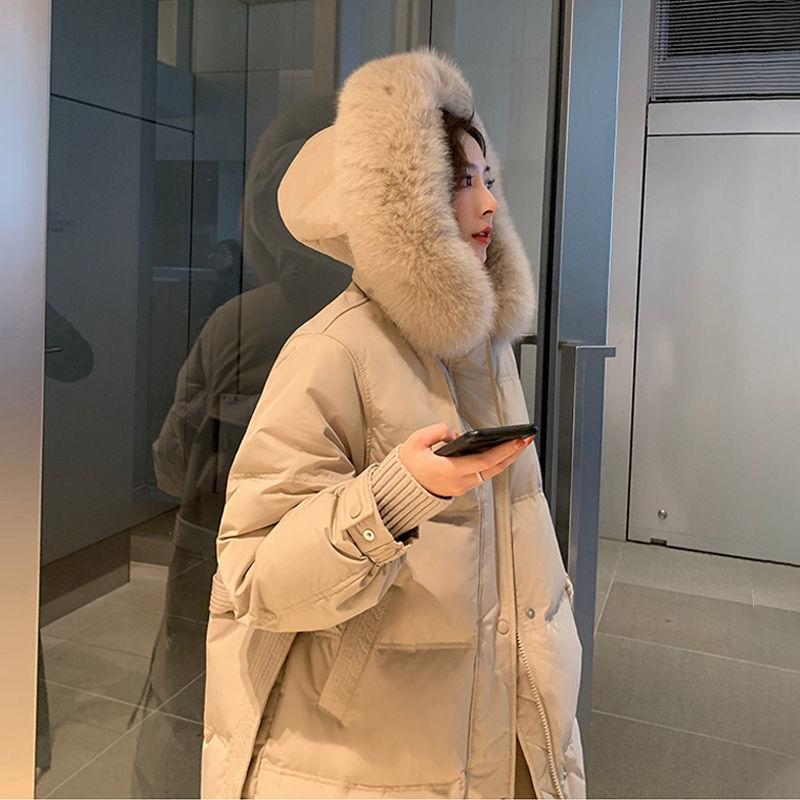 Real Fox Fur Collar Down Jacket Women Mid-length Korean Style Slim Fashion Over-the-knee Thickened Waist Coat