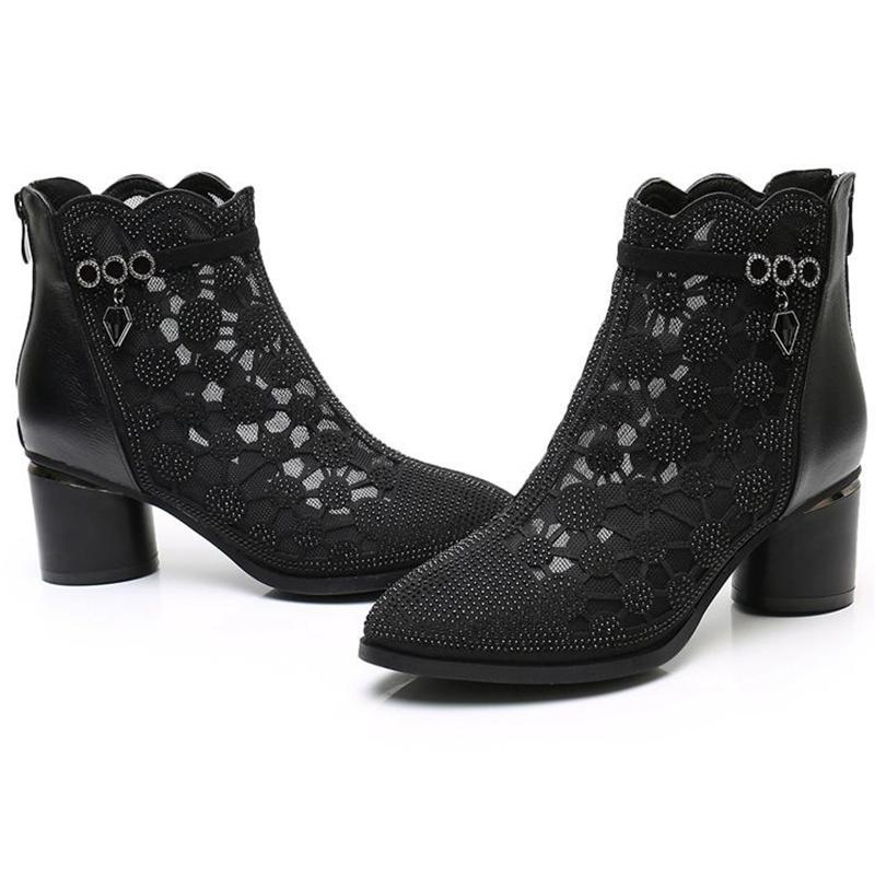 Sandals Women's Mesh Cool Boots All-match Hollow Rhinestone Breathable Thick-heeled Ankle Boots Women's Black High-heeled Boots