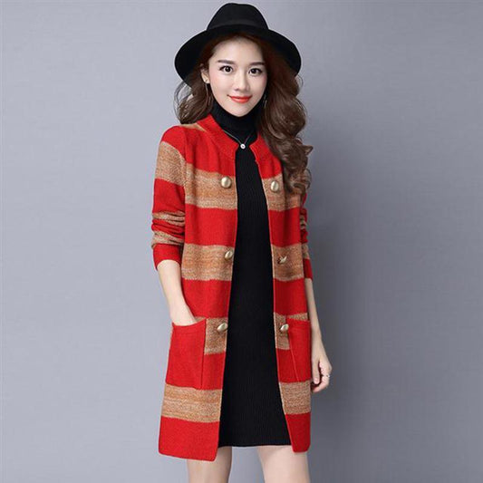 Autumn and Winter Casual Fashion Coat Mid-length Loose Pocket Sweater Long-sleeved Knitted Cardigan