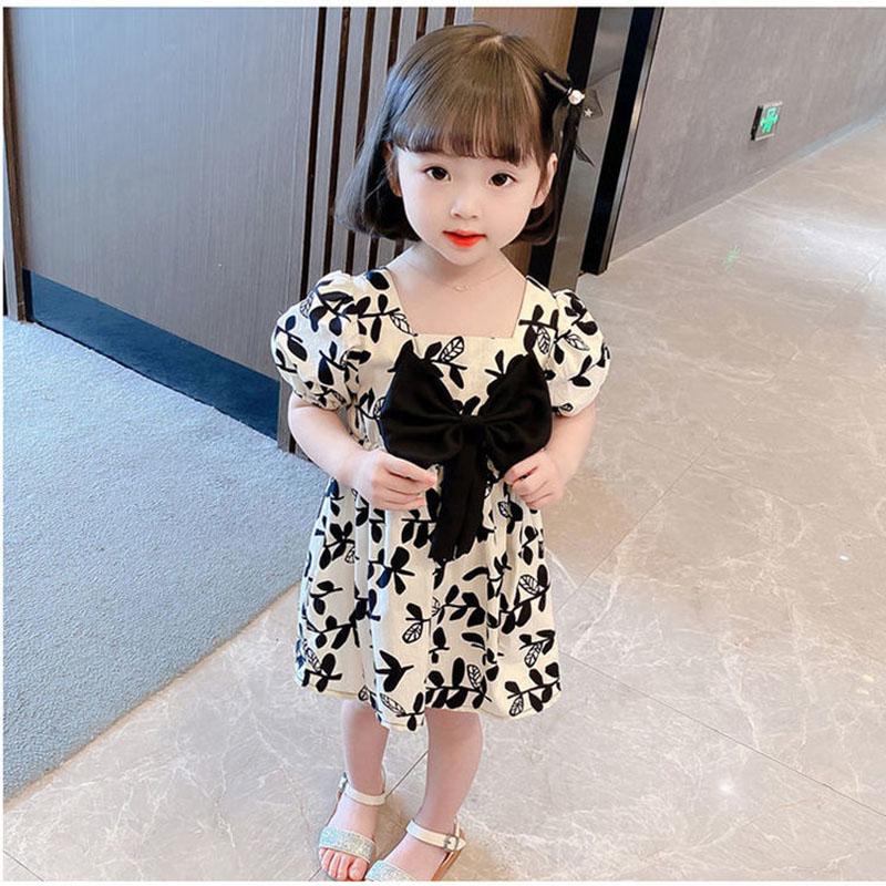 Girls Princess Dress Summer Thin Children's Bow Puff Sleeves Sweet Waist Dress Cute Two-Wear A-line Skirt