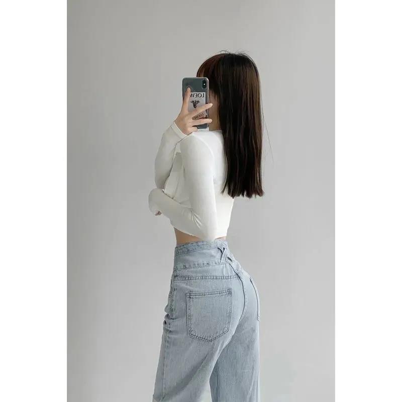 Retro High-waisted Breasted Jeans Women's Drape Loose Straight Wide-leg Trousers Casual All-match Thin Mopping Pants