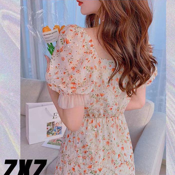 Net Yarn Splicing Floral Short Sleeve Mermaid Skirt  Women's Summer Dress Printing Knee-length Daily Wear Office Dating Party