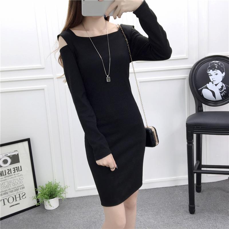 S-XXXL Plus Size Women's Clothing One Word Collar Off the shoulder  Knit Dress Pure Color Sexy Base Hip Skirt