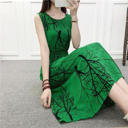 Fairy Dress Printed Vest Mid-length Dress Summer Ethnic Style Cotton Silk Floral Dress Seaside Vacation Waist Mid-length Dress