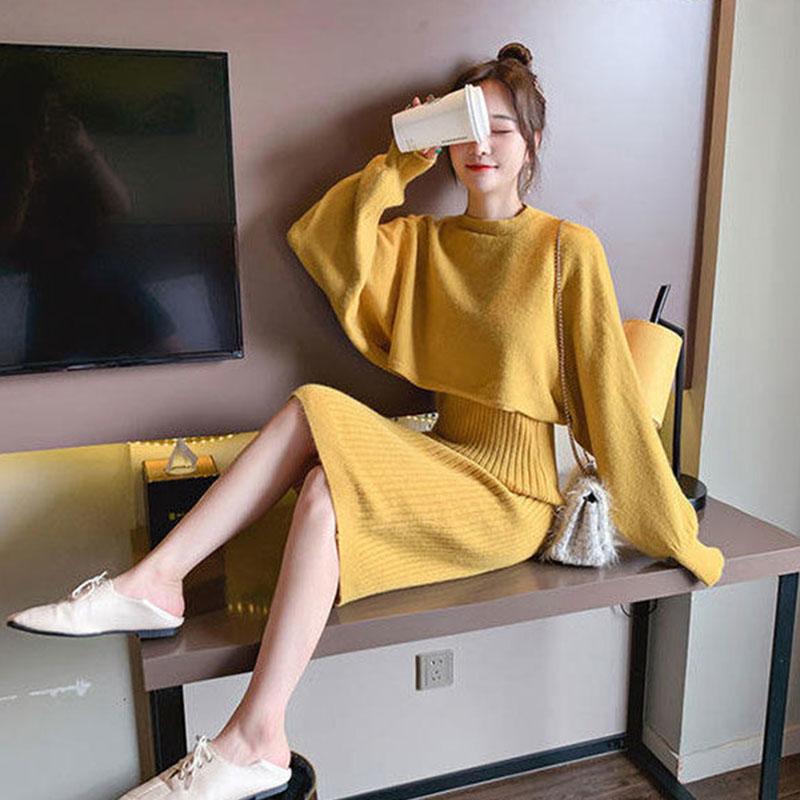 Two Piece Set Women Autumn Wear Loose Pullover Batwing Sweater and Sleeveless Strap Sweater Dress Ladies Outfits