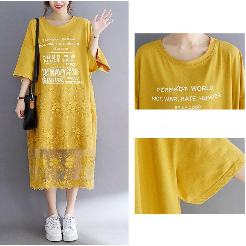 WTEMPO Plus Size Women Dress Summer Lace Round Neck Long Dress Casual Mid-calf Length