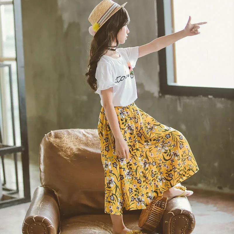 Girls Summer Dress Girls Skirt Pants Suit Medium and Large Children's Short-sleeved Wide-leg Pants Casual Two-piece Suit