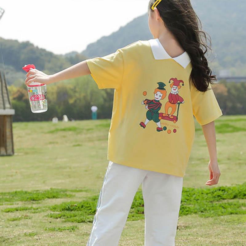 Girls Summer Clothes Breathable and Thin Stitching Contrast Color Design Short-sleeved Trousers Loose Casual Sports Style Two-piece Suit