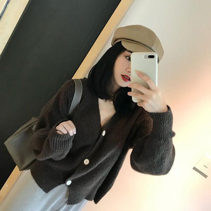 Autumn and Winter Knitted Cardigan Short Loose Loose Style Long Sleeve Button Sweater Women