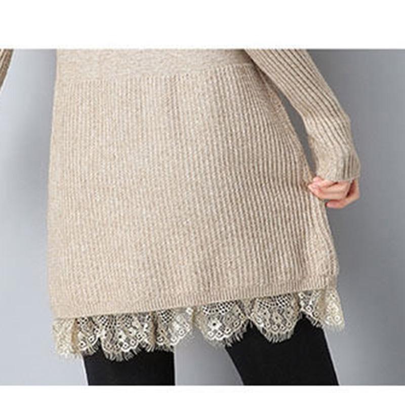 Plus Thick Autumn and Winter Sweater Women Loose and Warm Mid-length Bottoming Shirt Round Neck Knitted Lace Sweater Dress