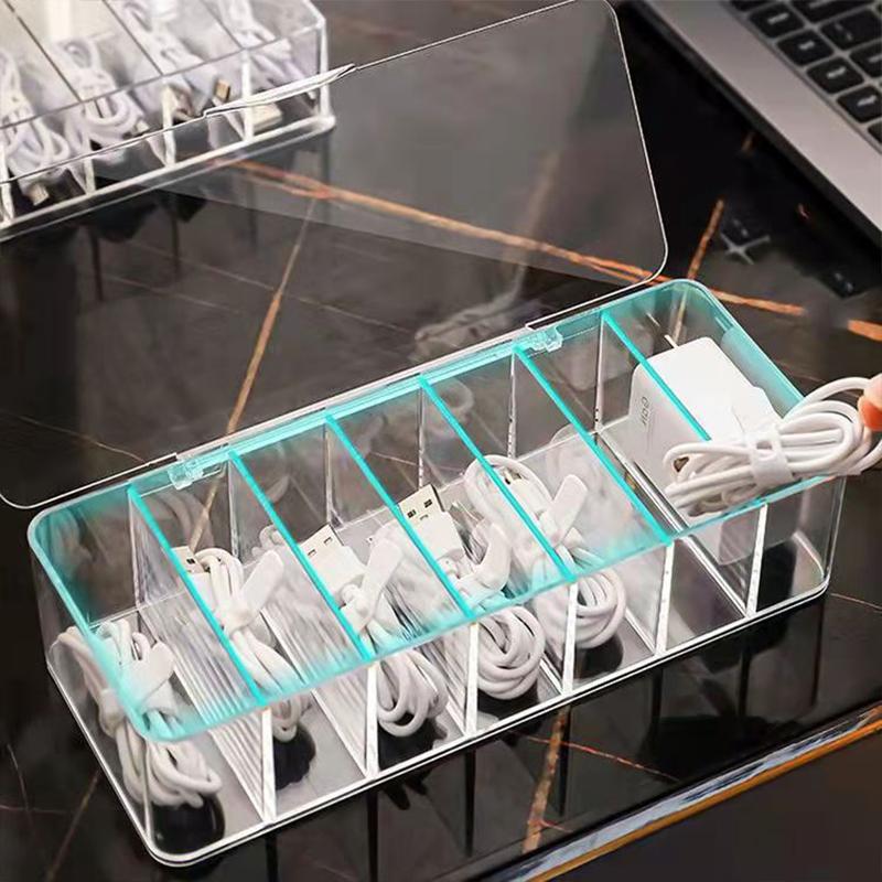 8 Grid Data Cable Storage Box Mobile Phone Charging Cable Charger Compartment Finishing Box Desktop Transparent Storage Box Anti-dust Box