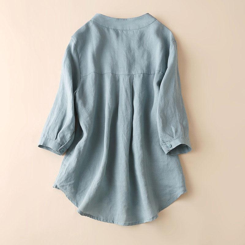Cotton Stand Collar Shirt Women's Spring and Summer Cotton Linen Three-quarter Sleeves Simple Loose Large Size Casual Blouses