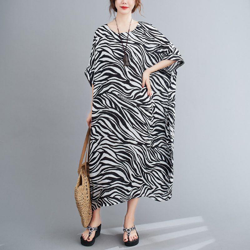 WTEMPO Zebra Pattern Plus Size Ladies Dress Summer Round Neck Long Dress Casual Mid-calf Length