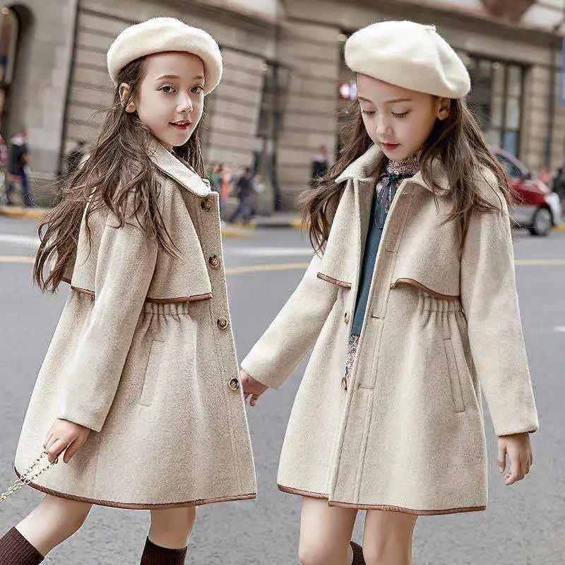 Girls' Woolen Windbreaker Jacket Mid-length Big Children's Autumn and Winter Clothes Korean Style Western Girls Thickened Children Woolen Coat