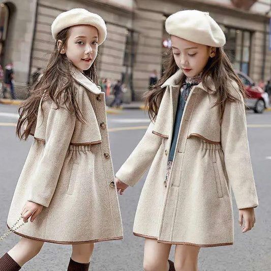 Girls' Woolen Windbreaker Jacket Mid-length Big Children's Autumn and Winter Clothes Korean Style Western Girls Thickened Children Woolen Coat