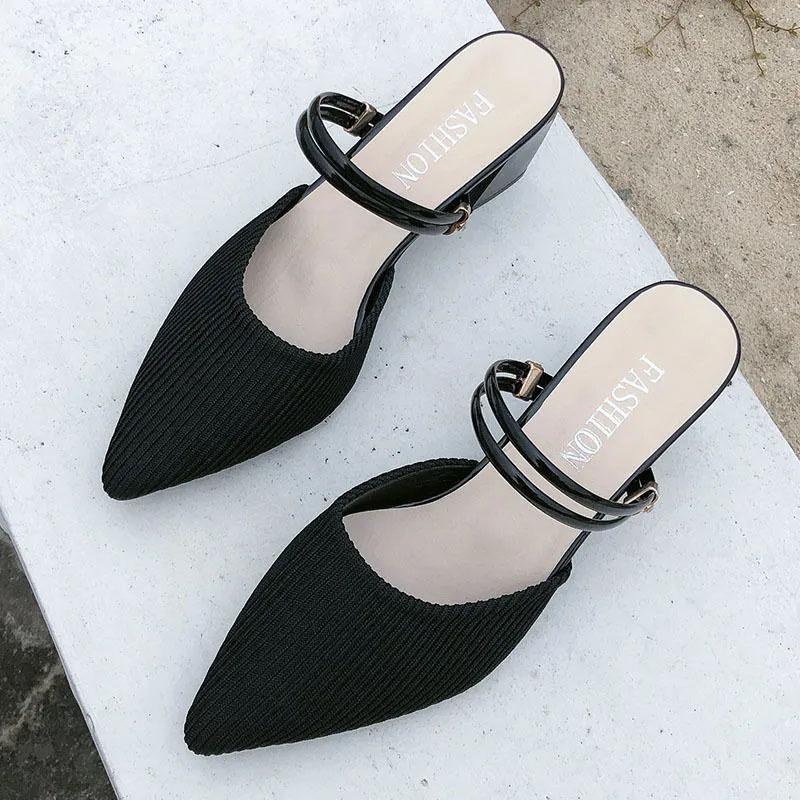 High Heels Pointed Toe Two Wear Baotou Sandals Slippers Women's Summer New All-match Thick Heels Fashion Dual-use Comfortable Black