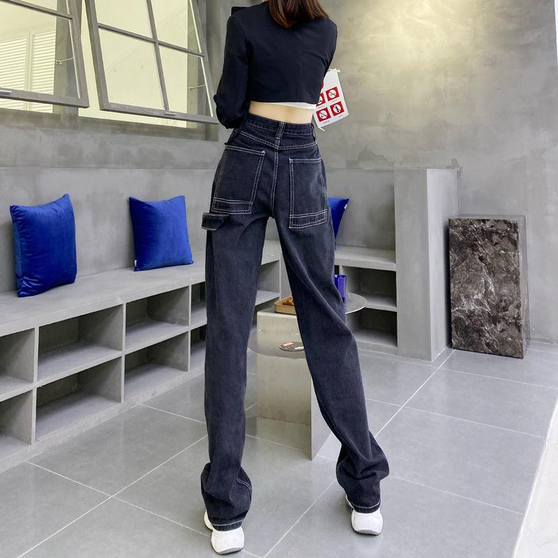 Black Straight-leg Tooling Jeans Women's Spring Design High Waist and Thin Loose Wide-leg Mopping Trousers Ins Tide