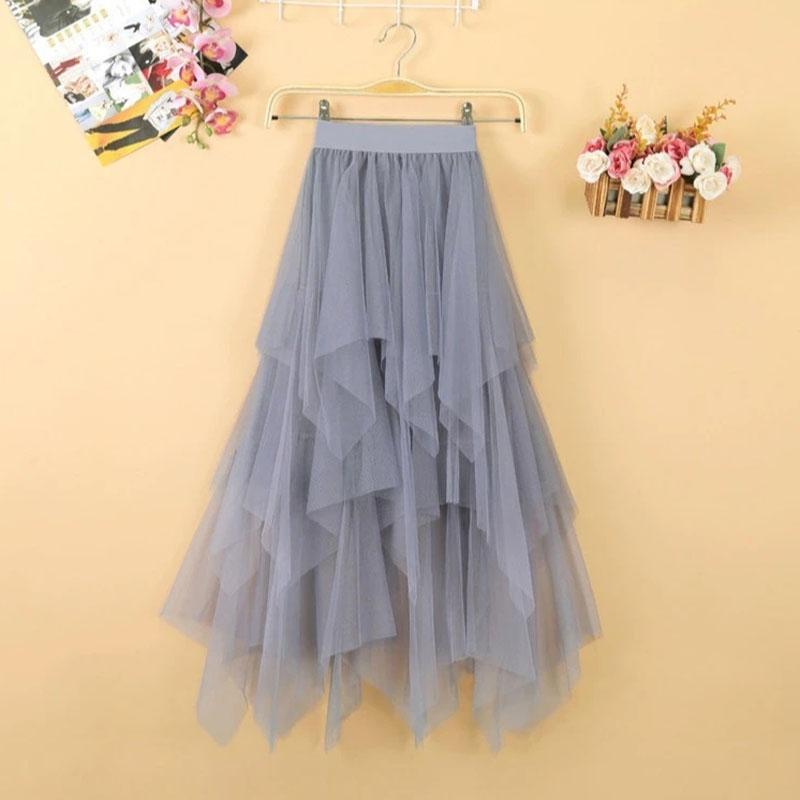 Y2k Skirt Skirts Womens Summer Black Pleated Skirt Solid Color Elastic High Waist A-line Skirts Irregular Mid-length Mesh Skirt