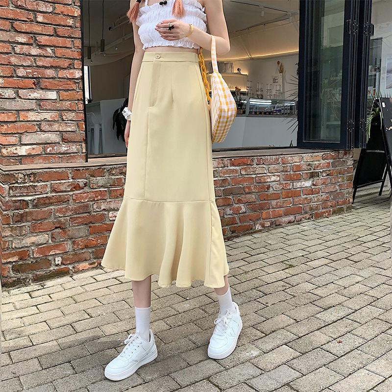 Ruffled Skirt Women's Summer High Waist Slim Mid-length A-line Skirt Solid Color Irregular Edge Fishtail Skirt