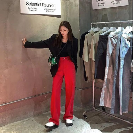Christmas Red Jeans Female Spring Autumn High Street Loose Straight Mop Wide Legs Tide