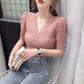 Lace Blouse Women Bubble Sleeve Sexy Tight V-neck Short Sleeve T-Shirt Top Net Red Ins Small Shirt