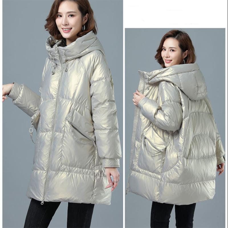 Women's Winter Korean Loose Quilted Coat Warm Stand-collar Down Jacket Women's Glossy Mid-length Down Jacket