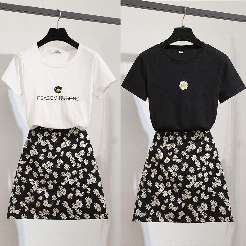 Small Daisy Embroidery Short-sleeve T-shirt Skirt Two-piece High Waist Short  A-line Skirt