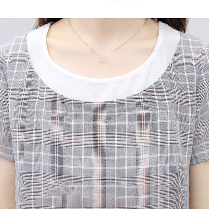 Women's Loose and Thin Casual Plaid Suit Women's Casual Pants Two-piece Suit Round Neck Short Sleeve + Casual Straight-leg Pants Ladies Daily Suit