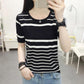 Summer Ice Silk T-Shirt Short Sleeve Ladies Knit Bottoming Shirt Thin Striped T-Shirt Versatile Loose Hollow Out Tops