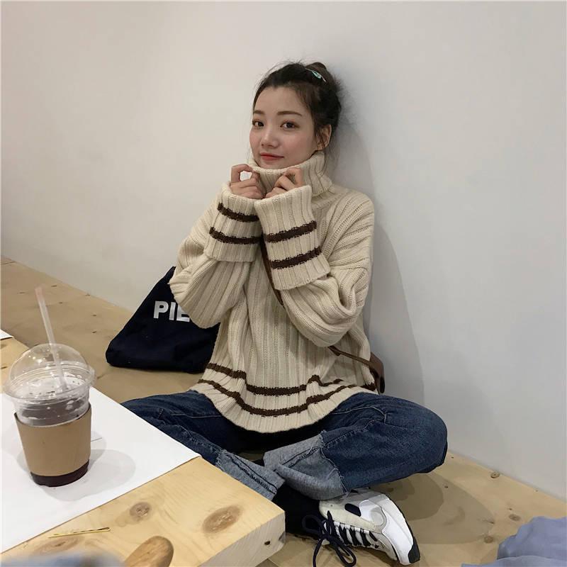 Pofulove High-collar Oversize Minimalist Gary or White Striped Loose Cuffs Pullover Sweater