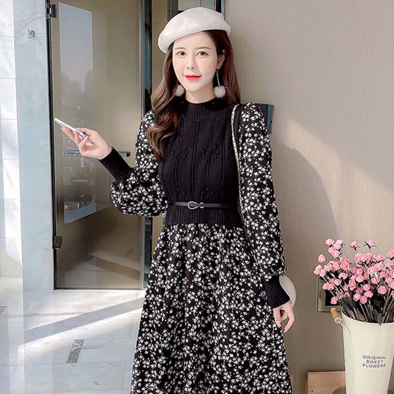 Women's Autumn and Winter Sweet Lady Stitching Knitted Long Dress Long Sleeve Half High Collar Women Casual Floral Print Elegant  Dress