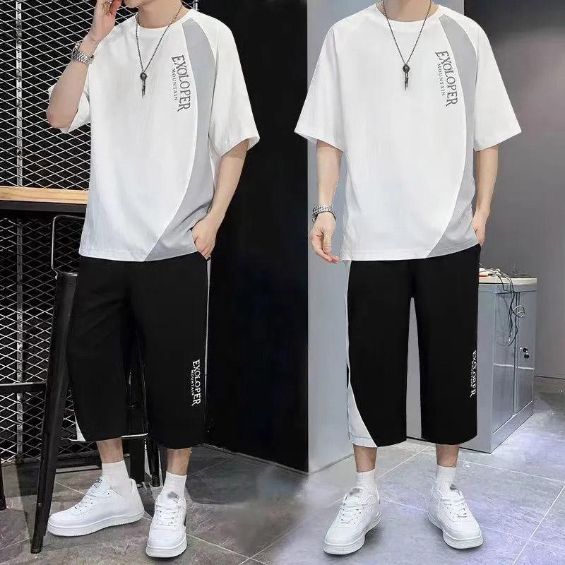 Summer Short-sleeved T-shirt Suit Men's Trend Youth Casual Sports Cropped Two-piece Set
