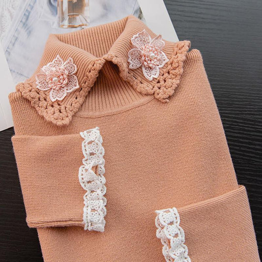 Women's Turtleneck Sweater Lace Hook Knit Sweater Short Beaded Pullover Jumper Sweet Slim-fit Knitwear Bottoming or Outwear