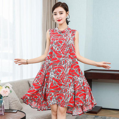 Women Cotton Silk Dress Summer Mother Sleeveless Mid-length Loose Large Home Night Skirt Beach Skirt