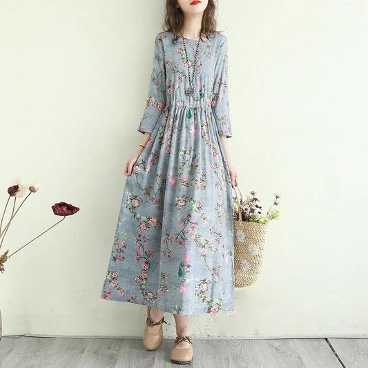Women Summer Vintage High Waist Long Holiday Dress Elegant Slim Floral Print Pleated Casual Dress