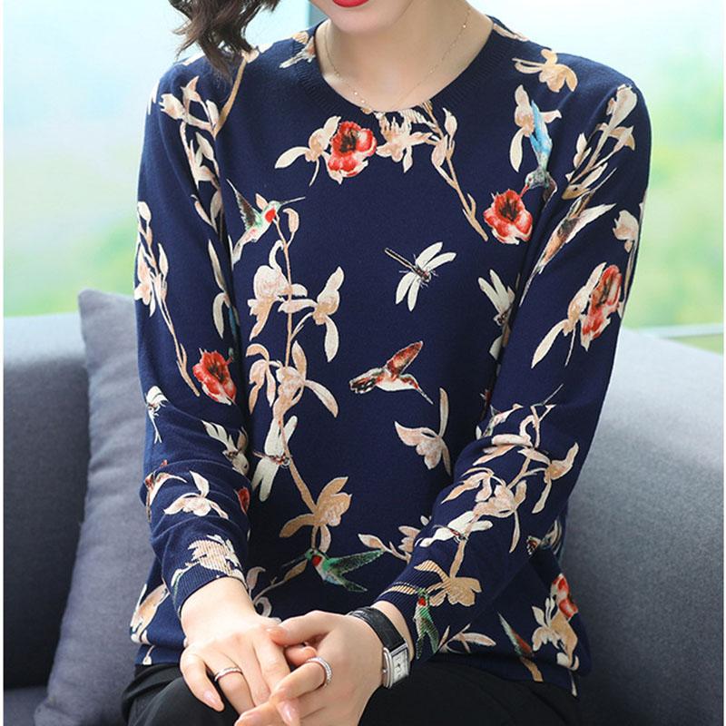 Autumn Winter Bohemian Floral Print Sweater Women Short Knit Bottoming Sweater Pullover Loose Plus Size  Wool Blend Jumper