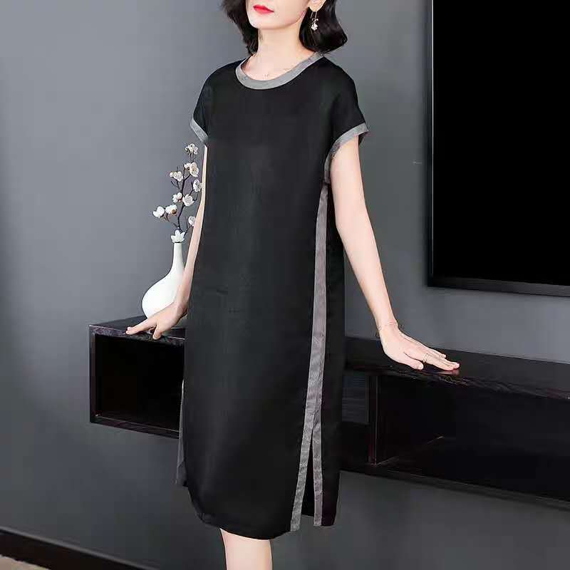 Split Design L-XXXXXL Summer Chiffon Plus Size Dress Summer Short Sleeve Round Neck Over The Knee Solid Color Dress