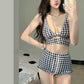Sexy Plaid High Waist Swimsuit Women's Separate Swimsuit Bikini Sling Cross Bow Tie Bandage Cover Belly Ruffle Shorts Summer Beach Suit