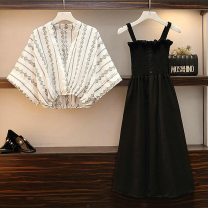 Women Plus Size Summer Deep V-neck Bat Blouse Strap Dress Set
