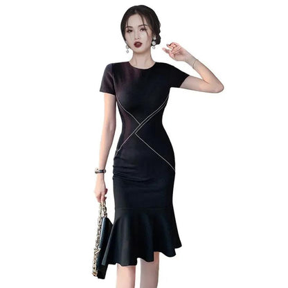 French Style Thin Elder Sister Light Cooked Style OL Temperament Fishtail Skirt Summer Female Lotus Leaf Bag Hip Dress